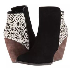 Very Volatile Chatter Pony Hair Ankle Boots 7.5 Black Multi Wedge Chunky Heel
